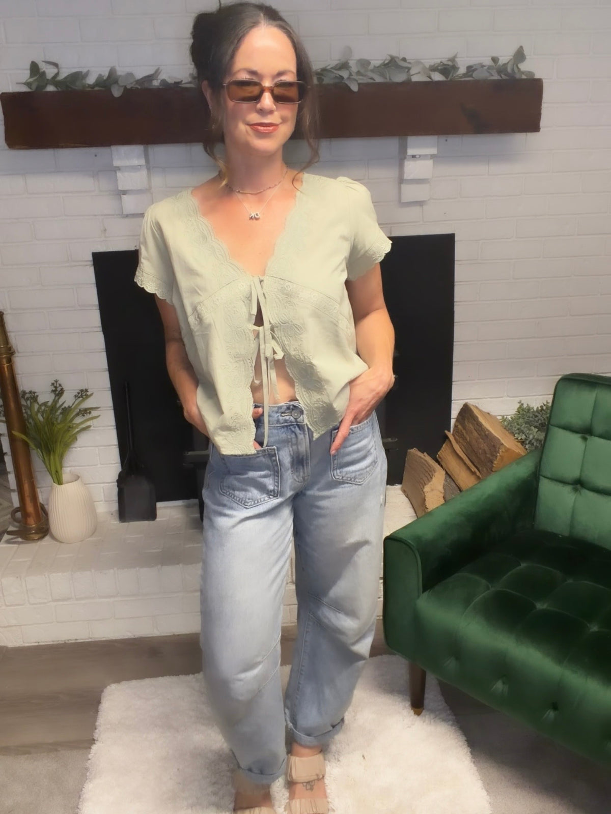 Sage Scalloped Edge Tie Front Top
