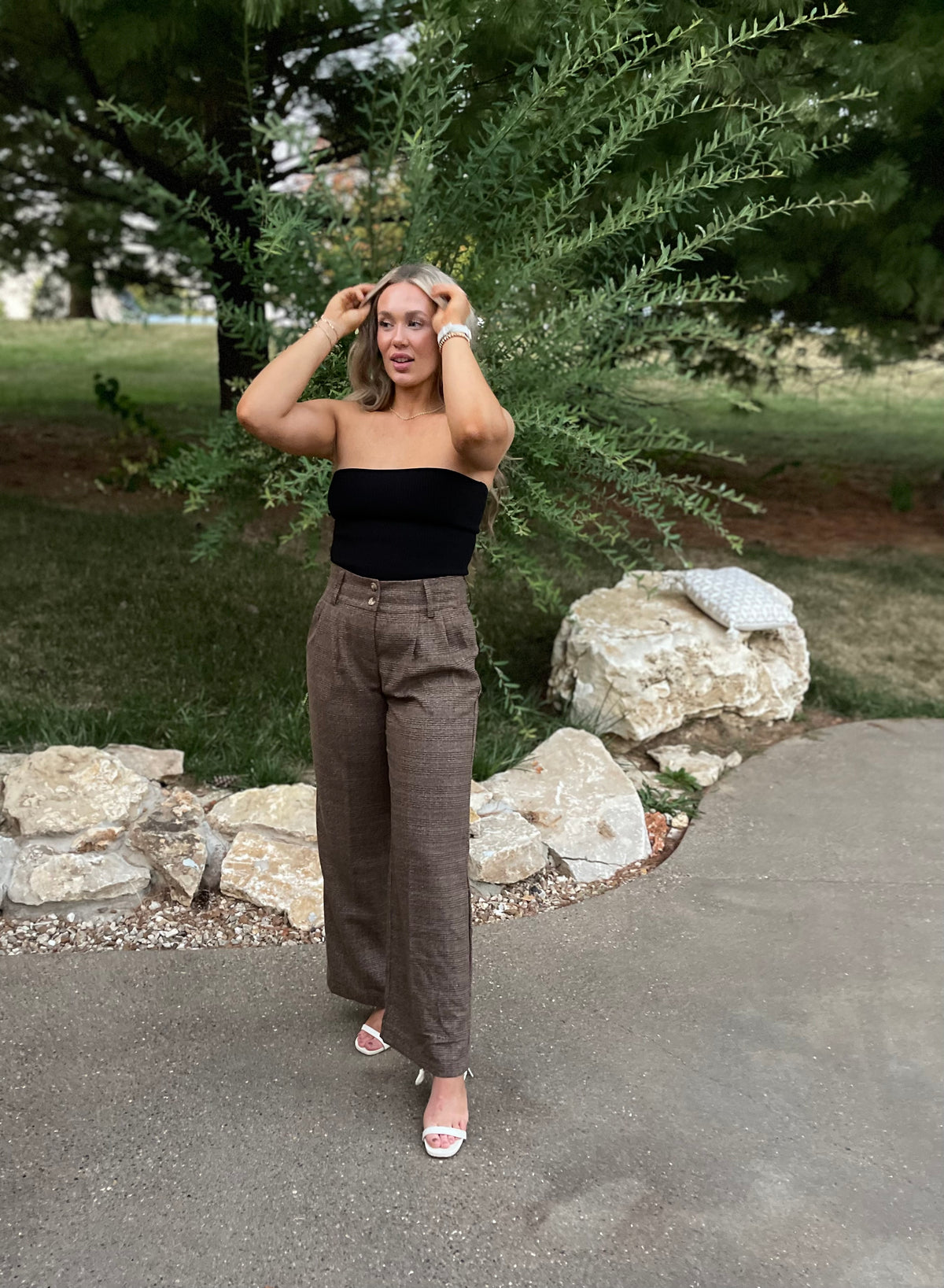 Brown Plaid High Waisted Trousers