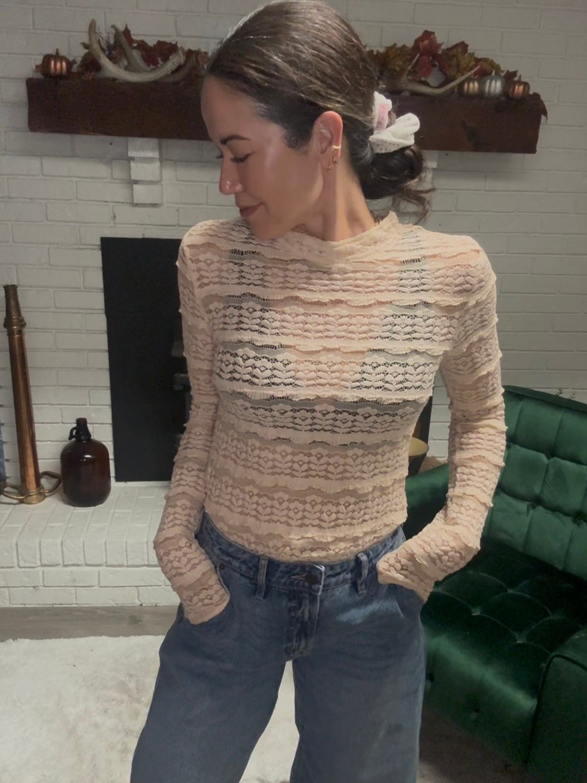 Beige Long Sleeve Lace Top