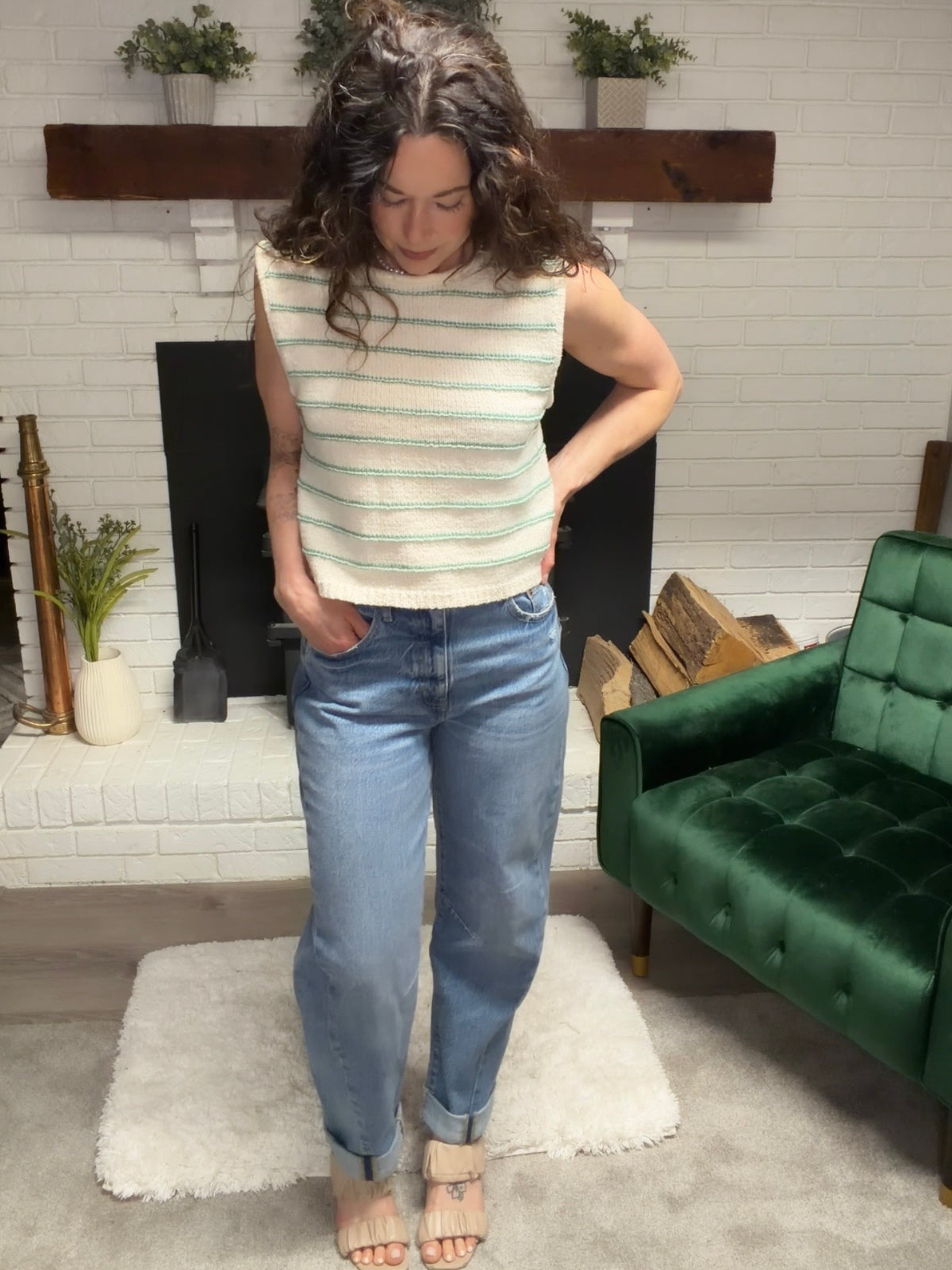 Cream & Green Striped Low Back Sleeveless Sweater
