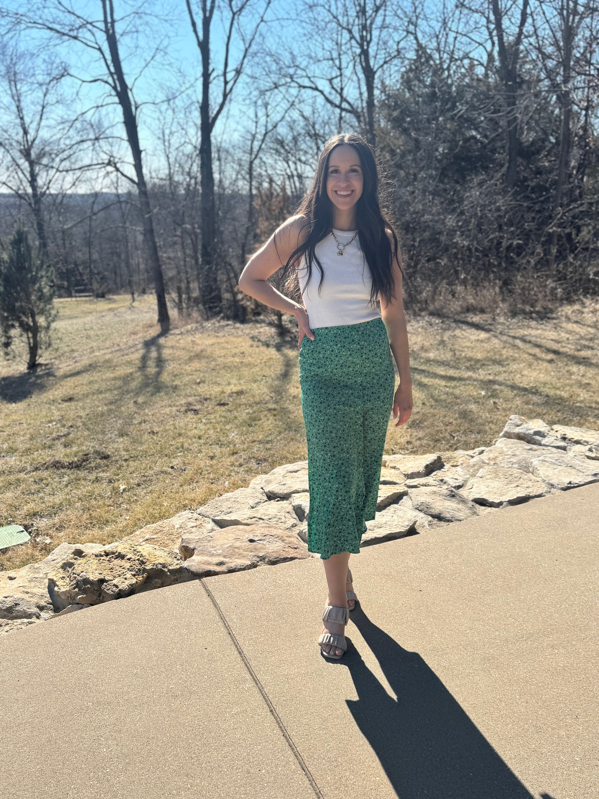 Green Floral Print Midi Skirt