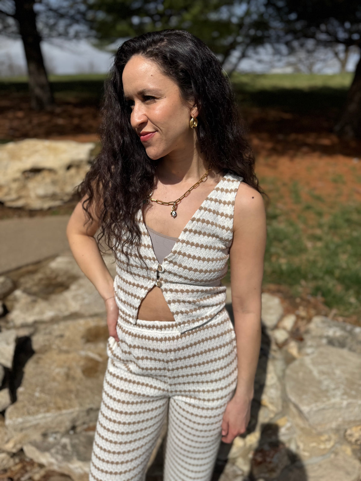 Taupe Stripe Knit Wide Leg Pants