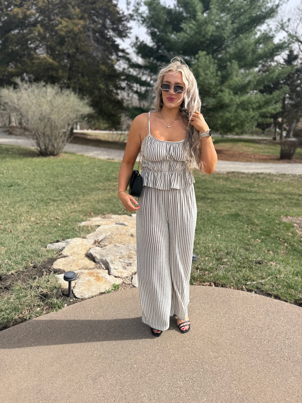 Black & Natural Striped Wide Leg Pants