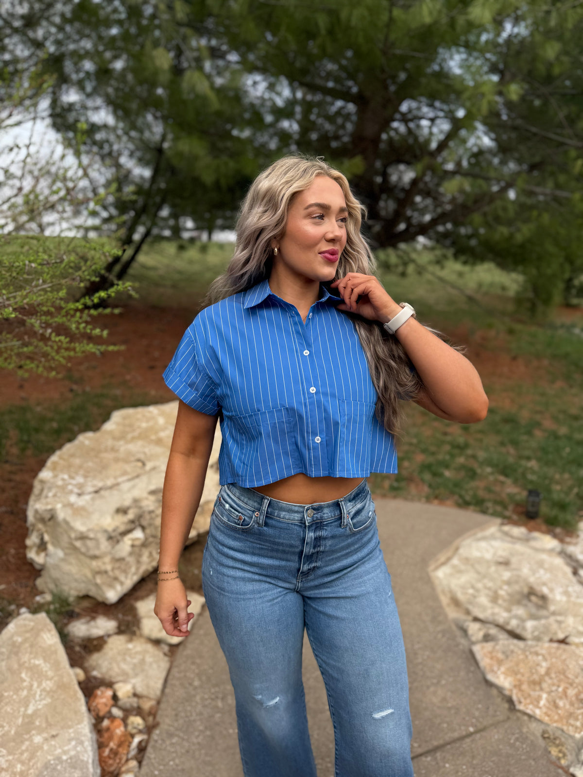 Cobalt Blue Cropped Woven Shirt