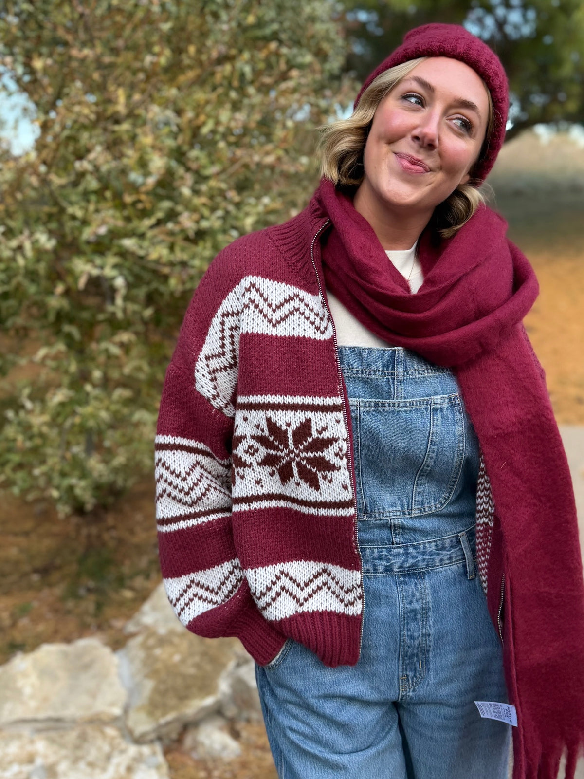 Burgundy Zip Front Fair Isle Sweater
