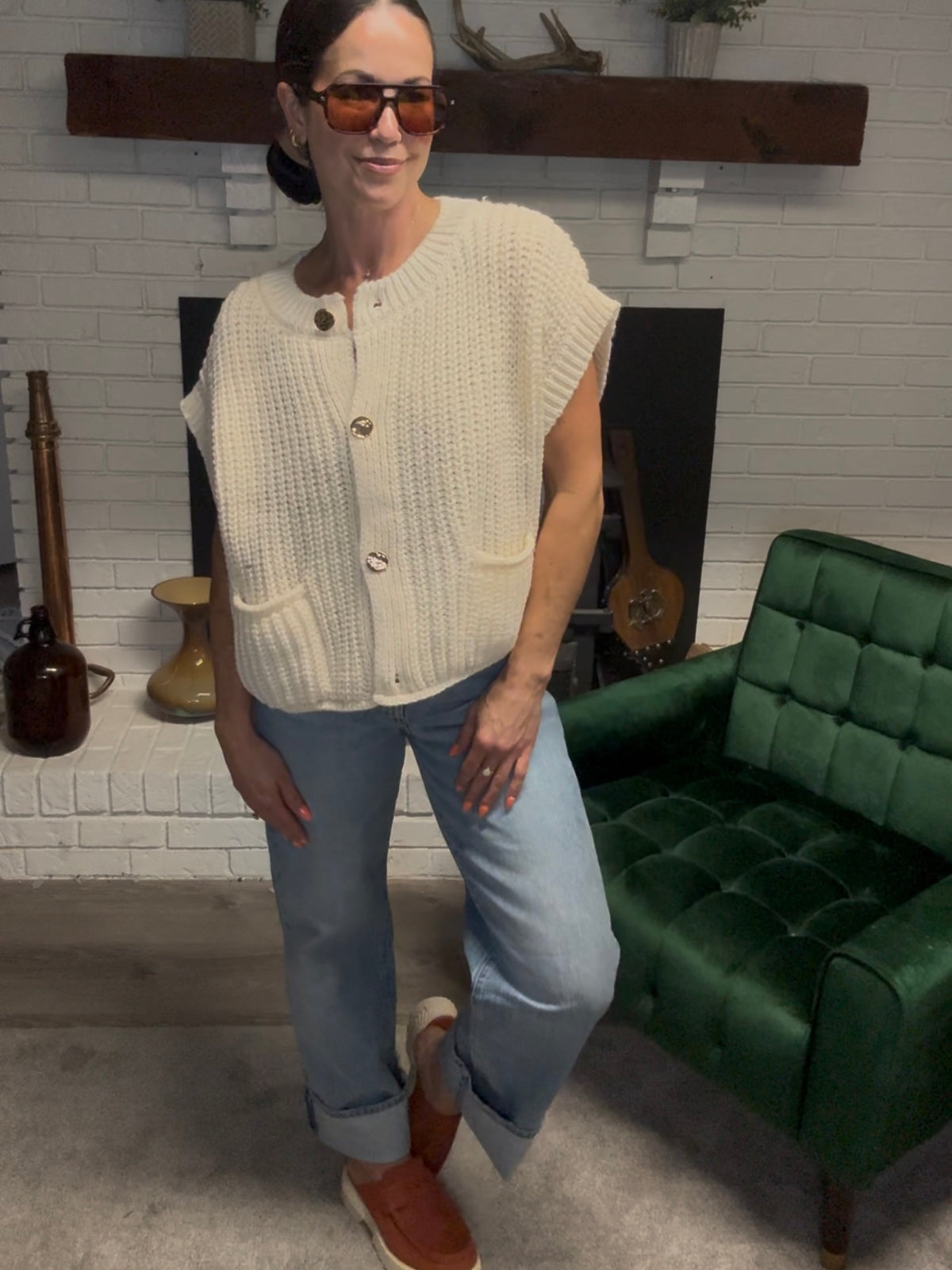 Cream Gold Button Sleeveless Sweater