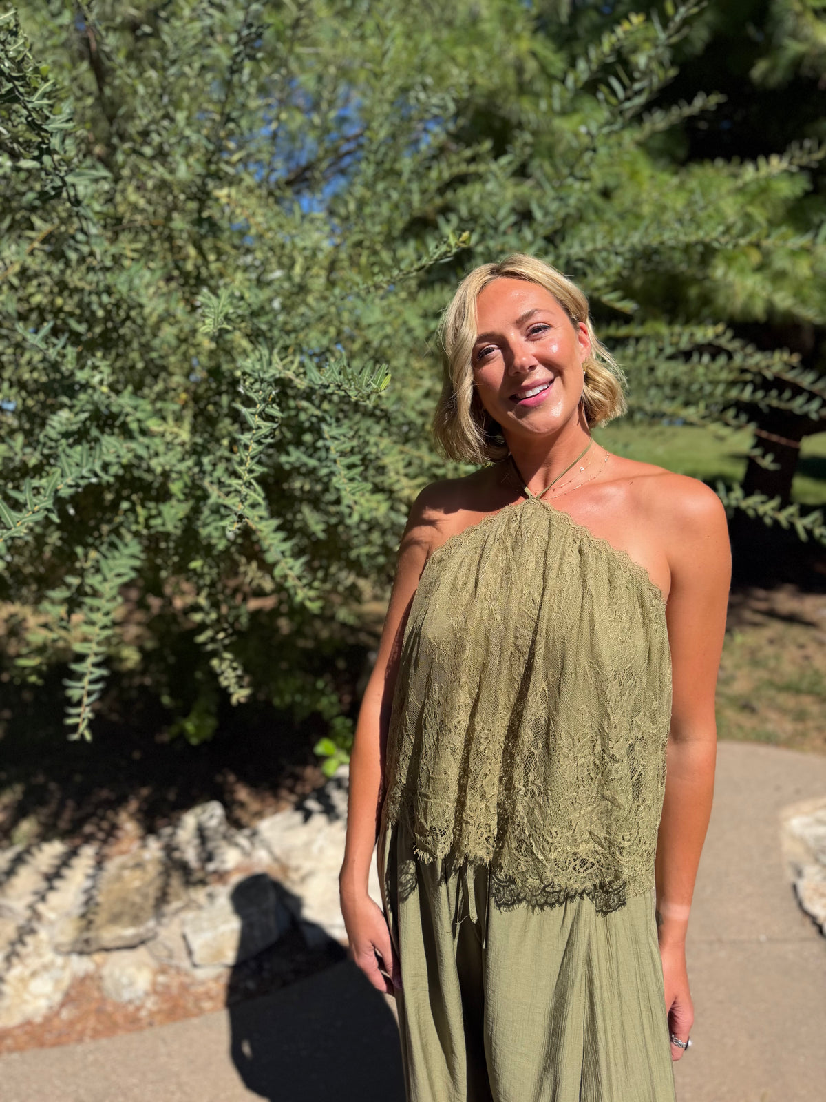 Olive Scallop Lace Halter Top