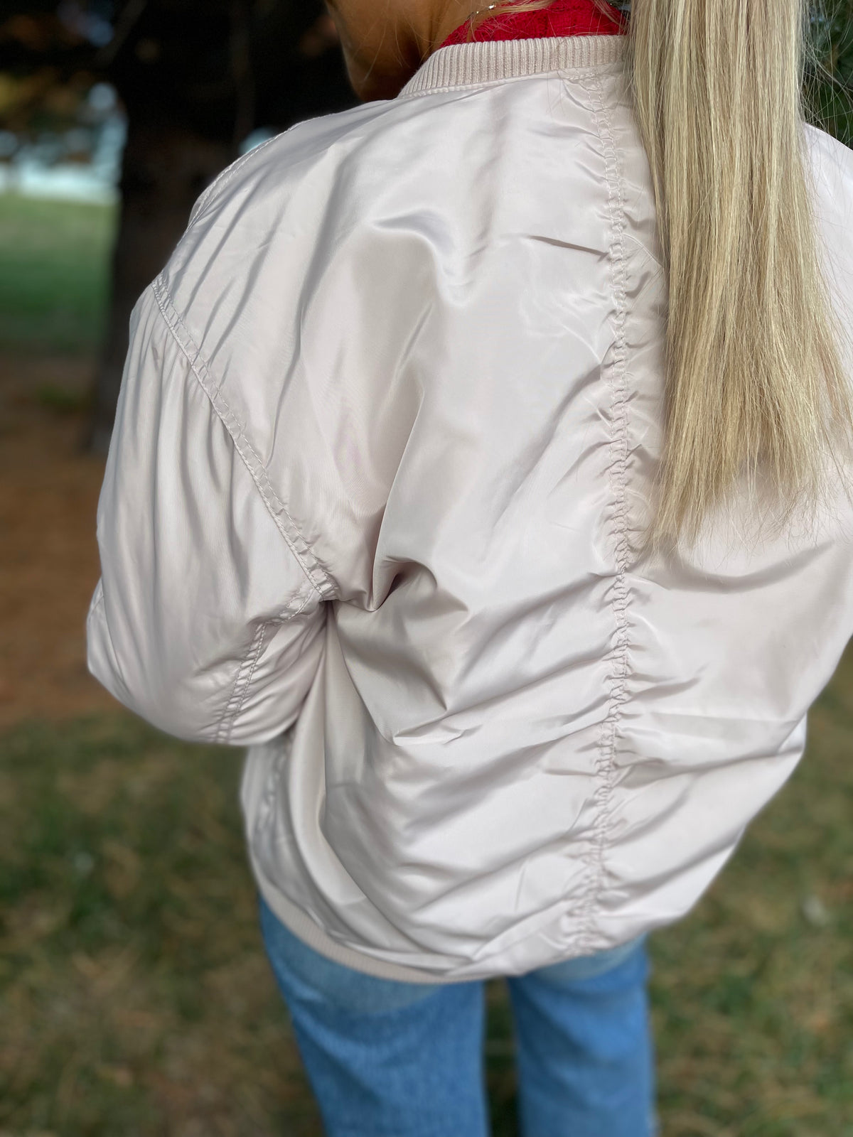 Cream Ruched Sleeve Bomber Jacket