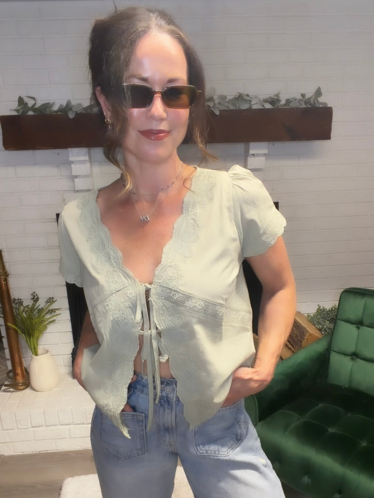 Sage Scalloped Edge Tie Front Top