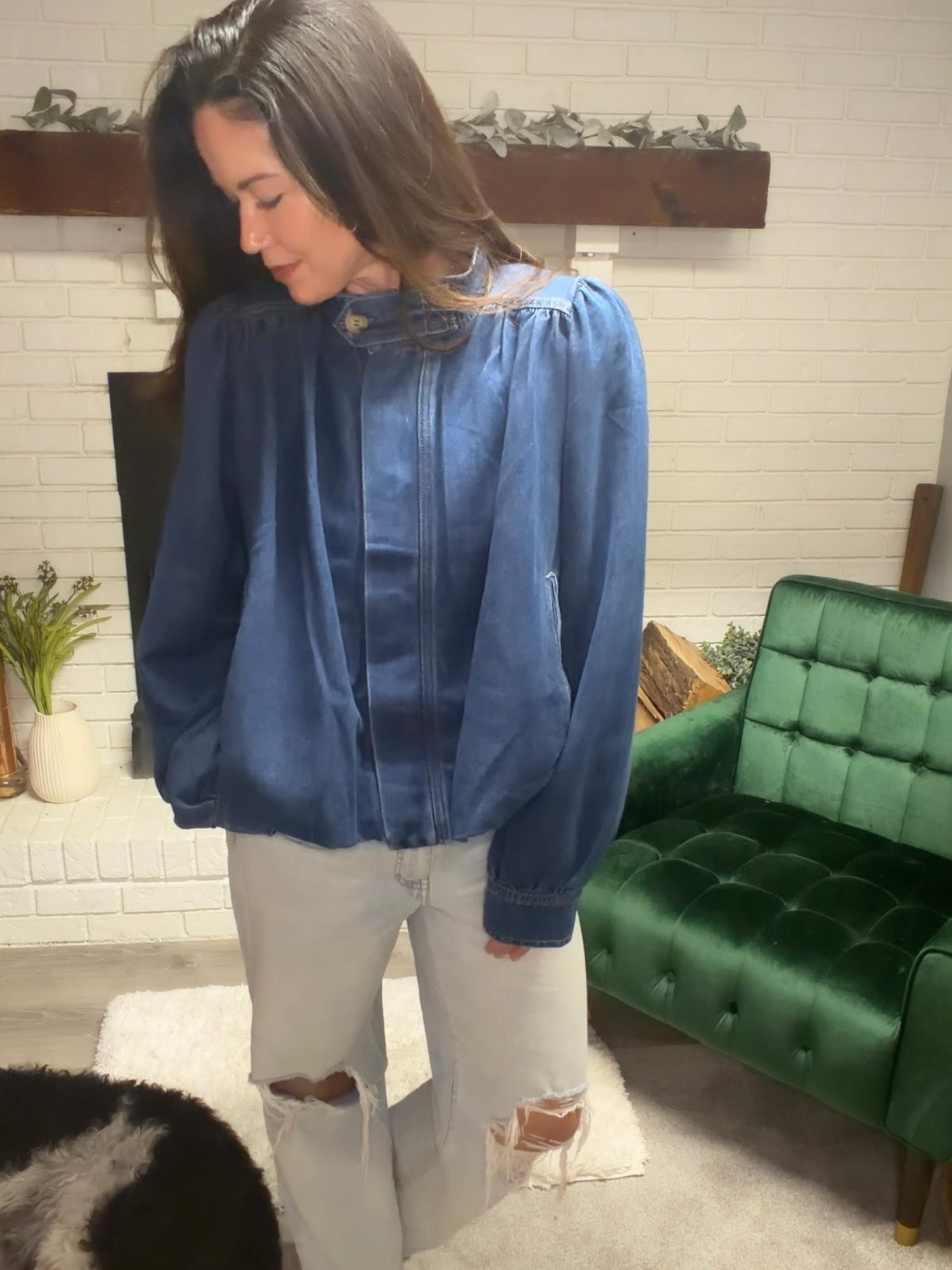 Bubble Hem High Neck Denim Jacket