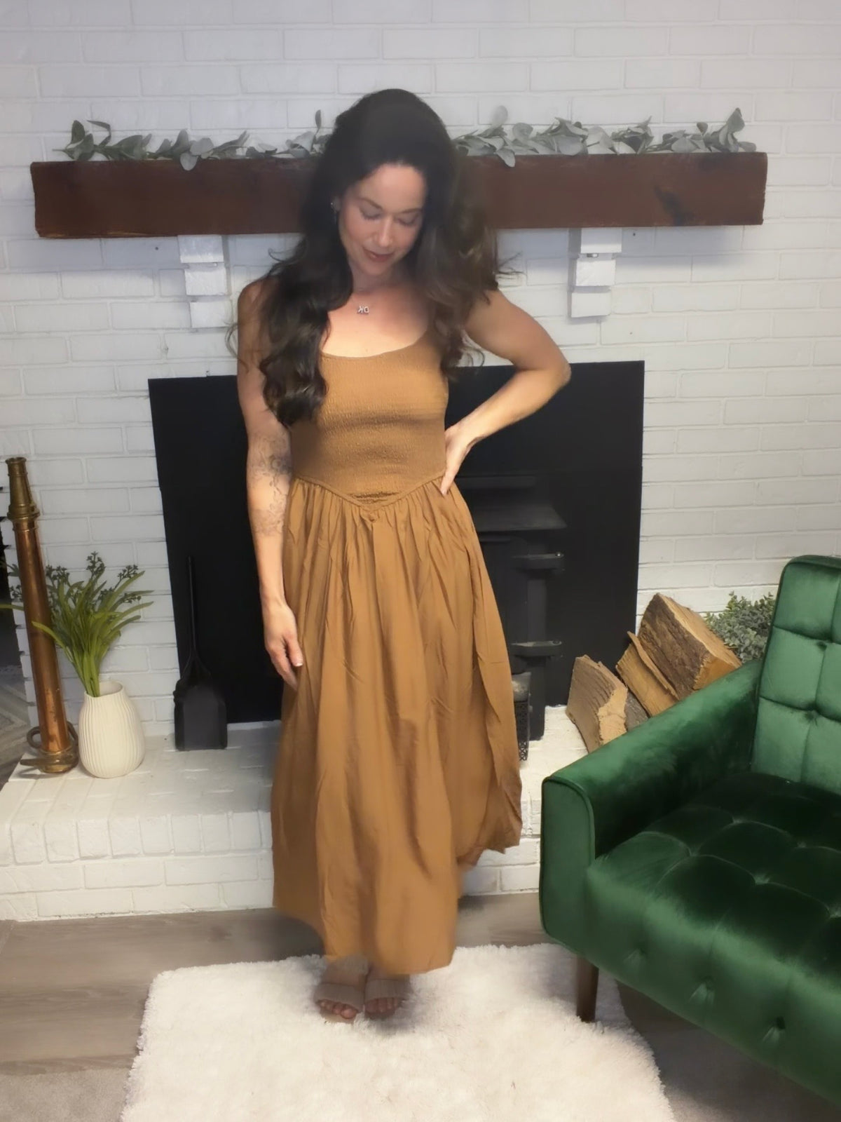 Brown Smocked Basque Waist Midi Dress Medium