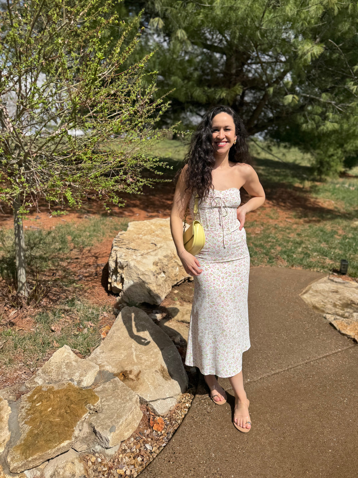 Pink Floral Print Strapless Midi Dress