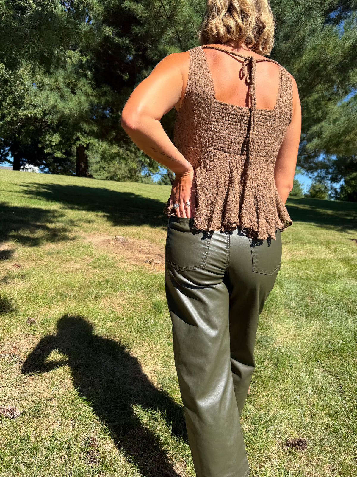 Brown Lace Ruffle Hem Top