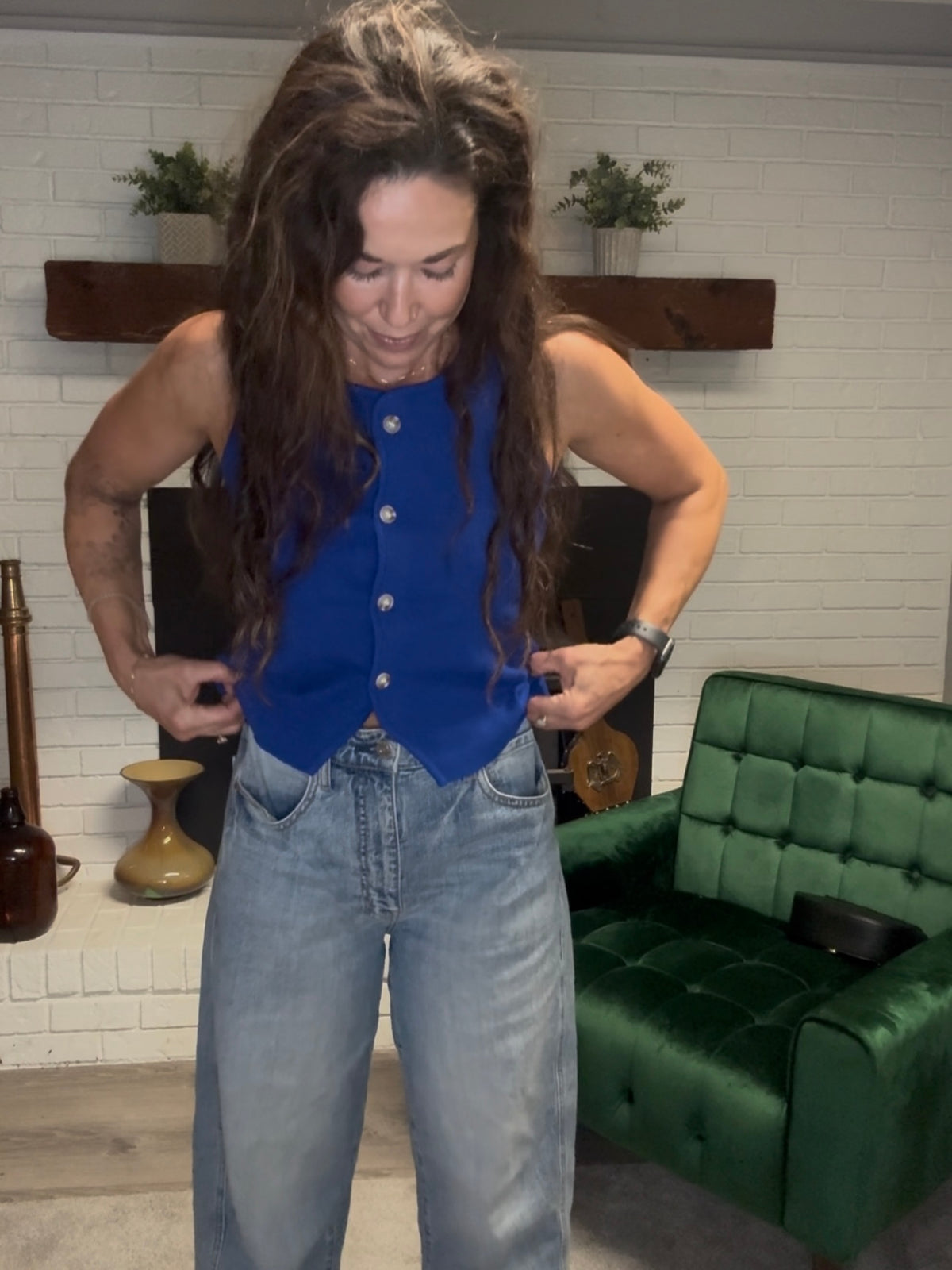 Cobalt Blue Sleeveless Button Front Top