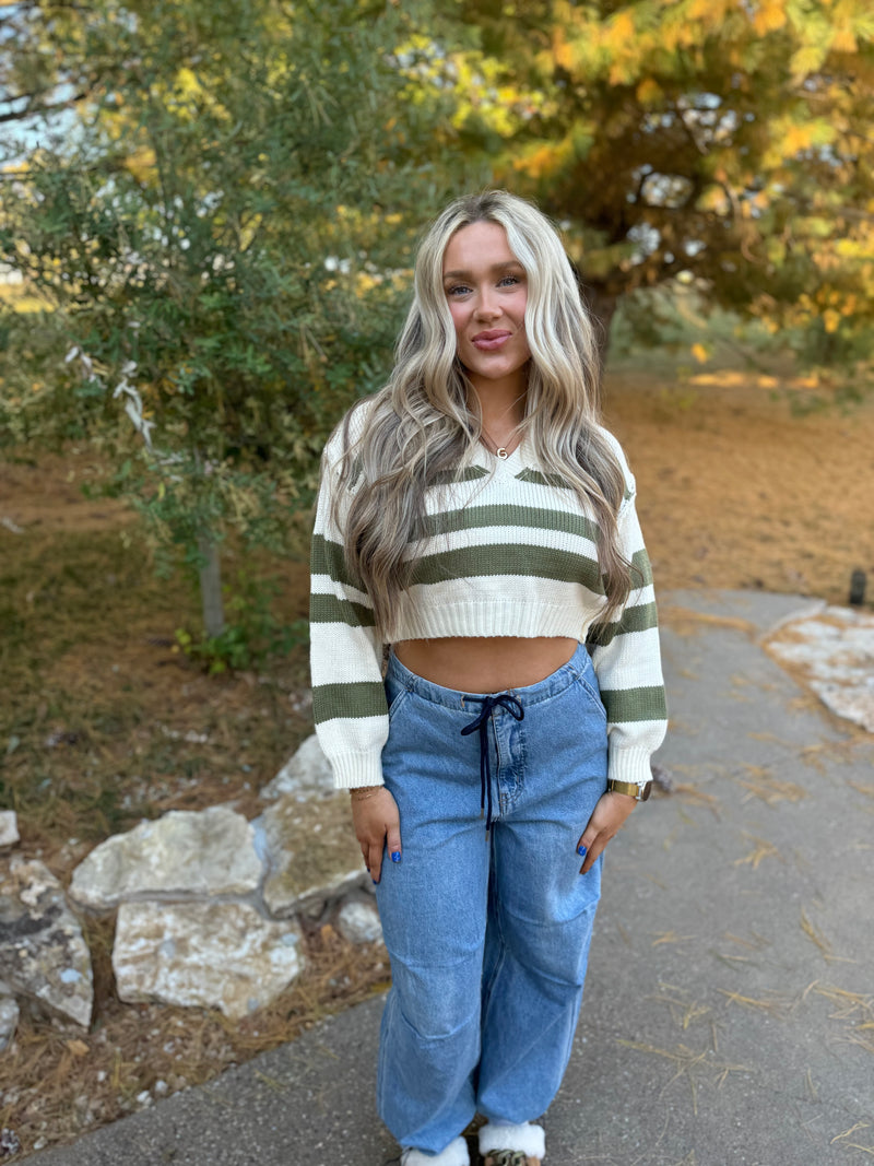 Olive Striped Cropped V-Neck Sweater