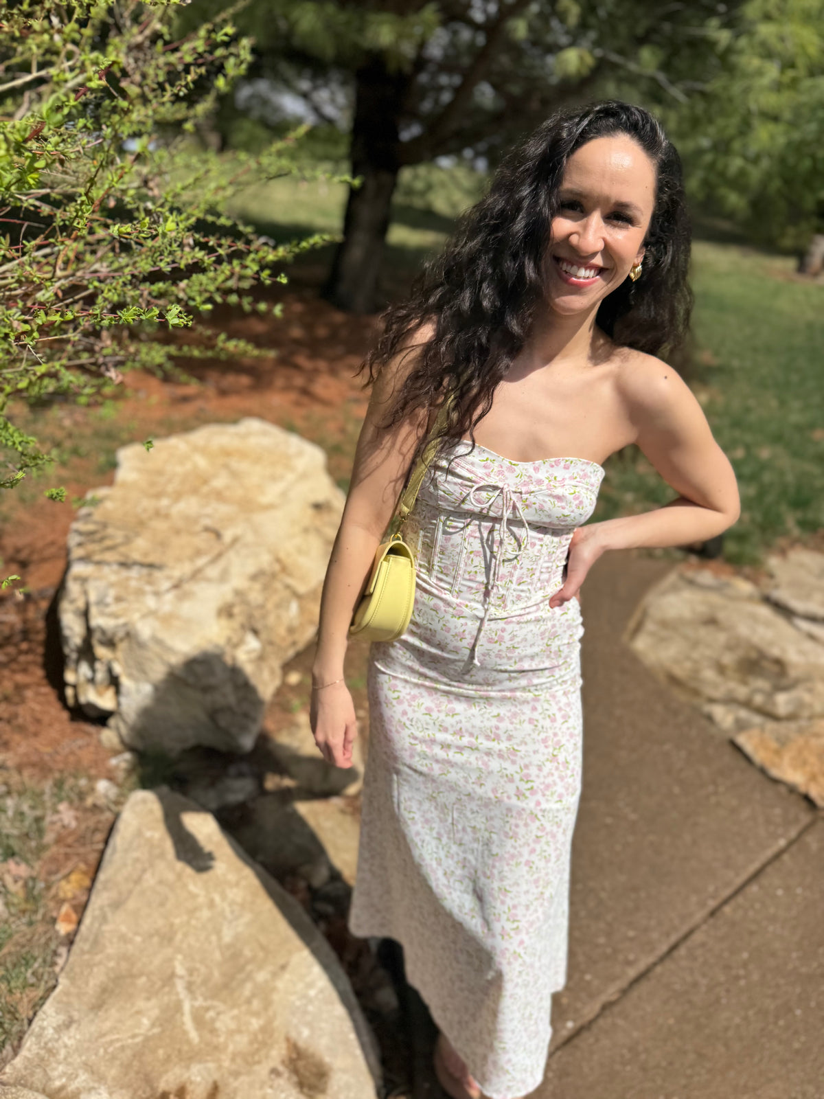 Pink Floral Print Strapless Midi Dress