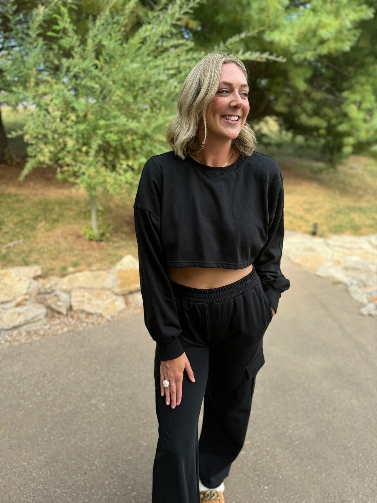 French Terry Crop Sweatshirt & Wide Leg Cargo Pant Set