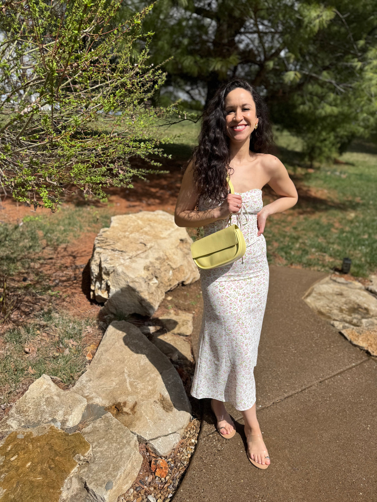 Pink Floral Print Strapless Midi Dress