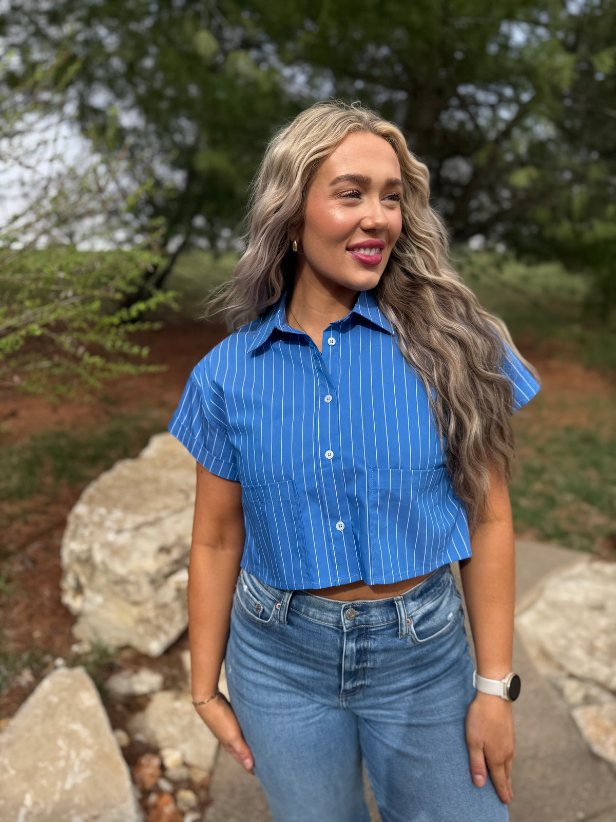 Cobalt Blue Cropped Woven Shirt