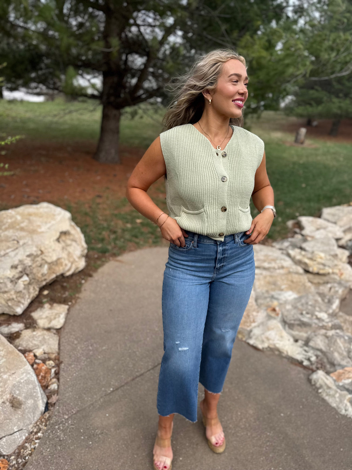 Light Green Button Front Sweater Vest