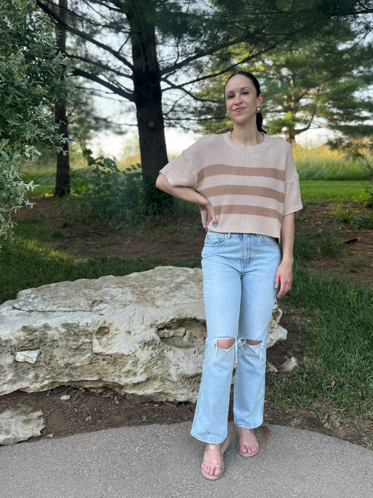 Beige & Brown Striped Short Sleeve Sweater