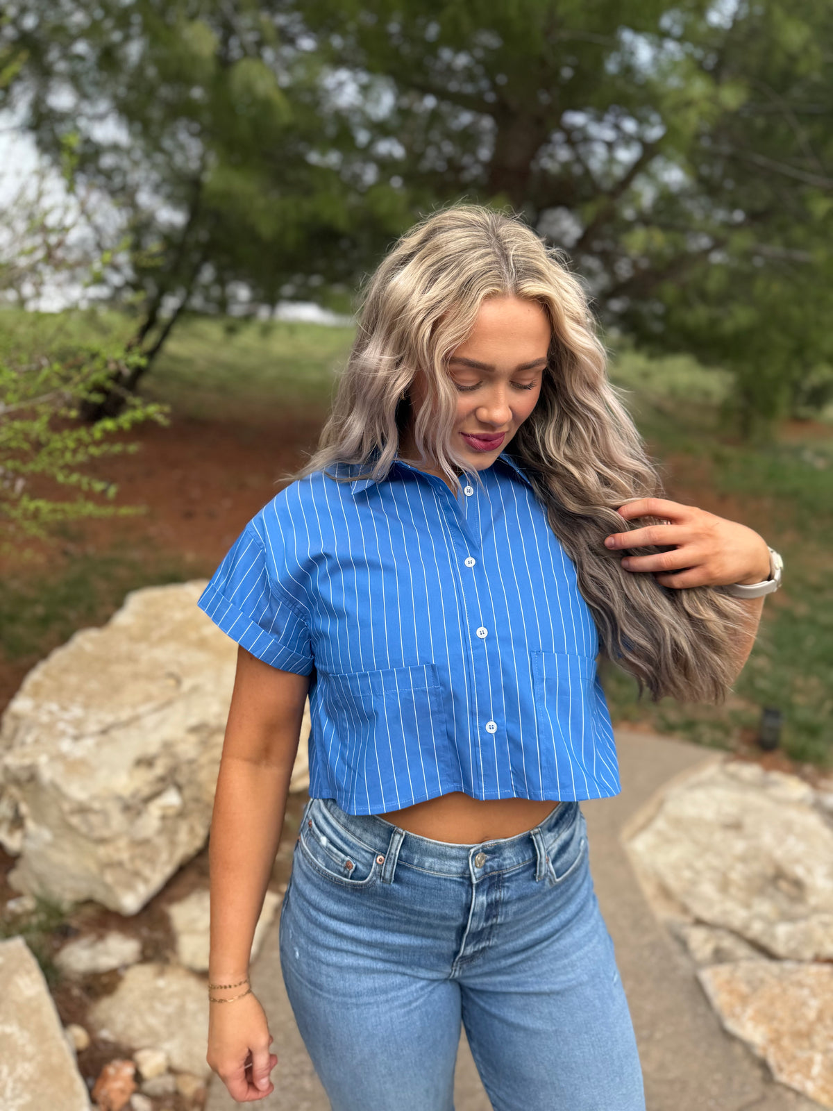 Cobalt Blue Cropped Woven Shirt