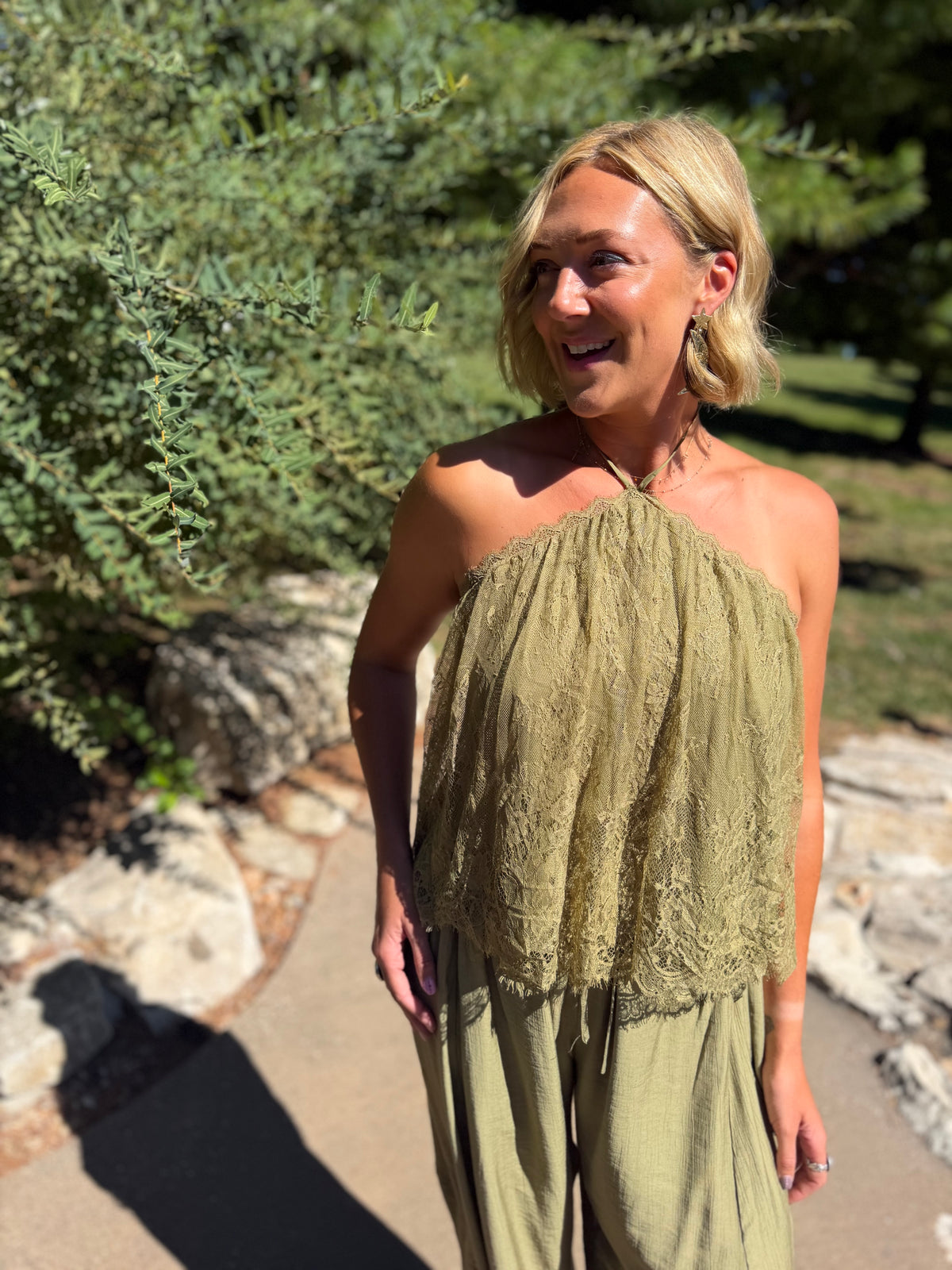 Olive Scallop Lace Halter Top