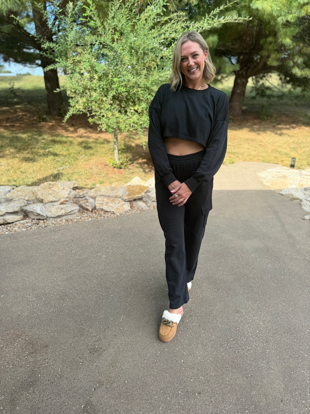 French Terry Crop Sweatshirt & Wide Leg Cargo Pant Set