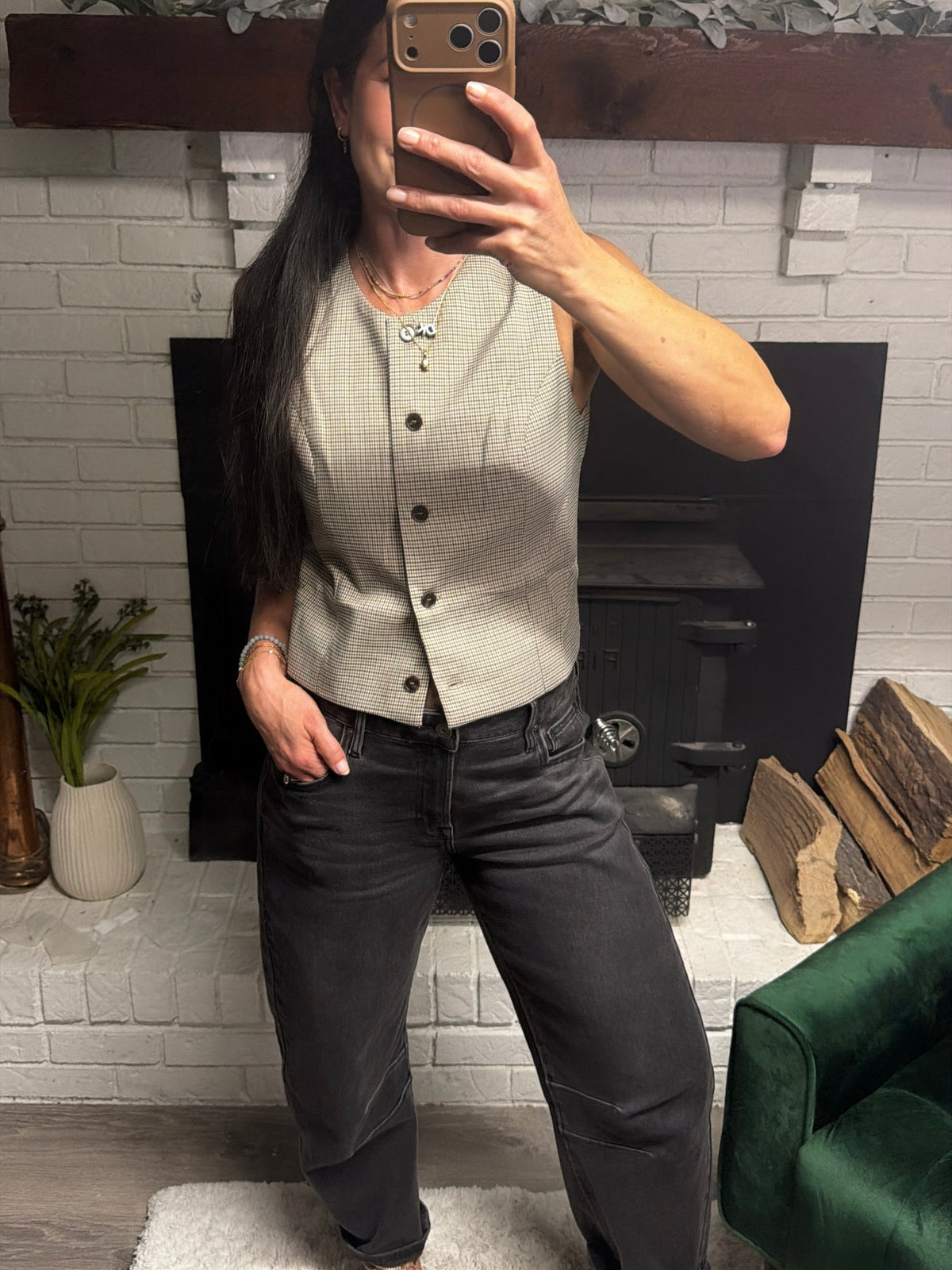 Brown Houndstooth Woven Vest