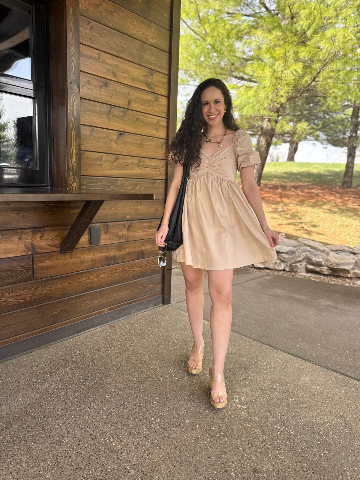 Tan Balloon Sleeve Mini Dress