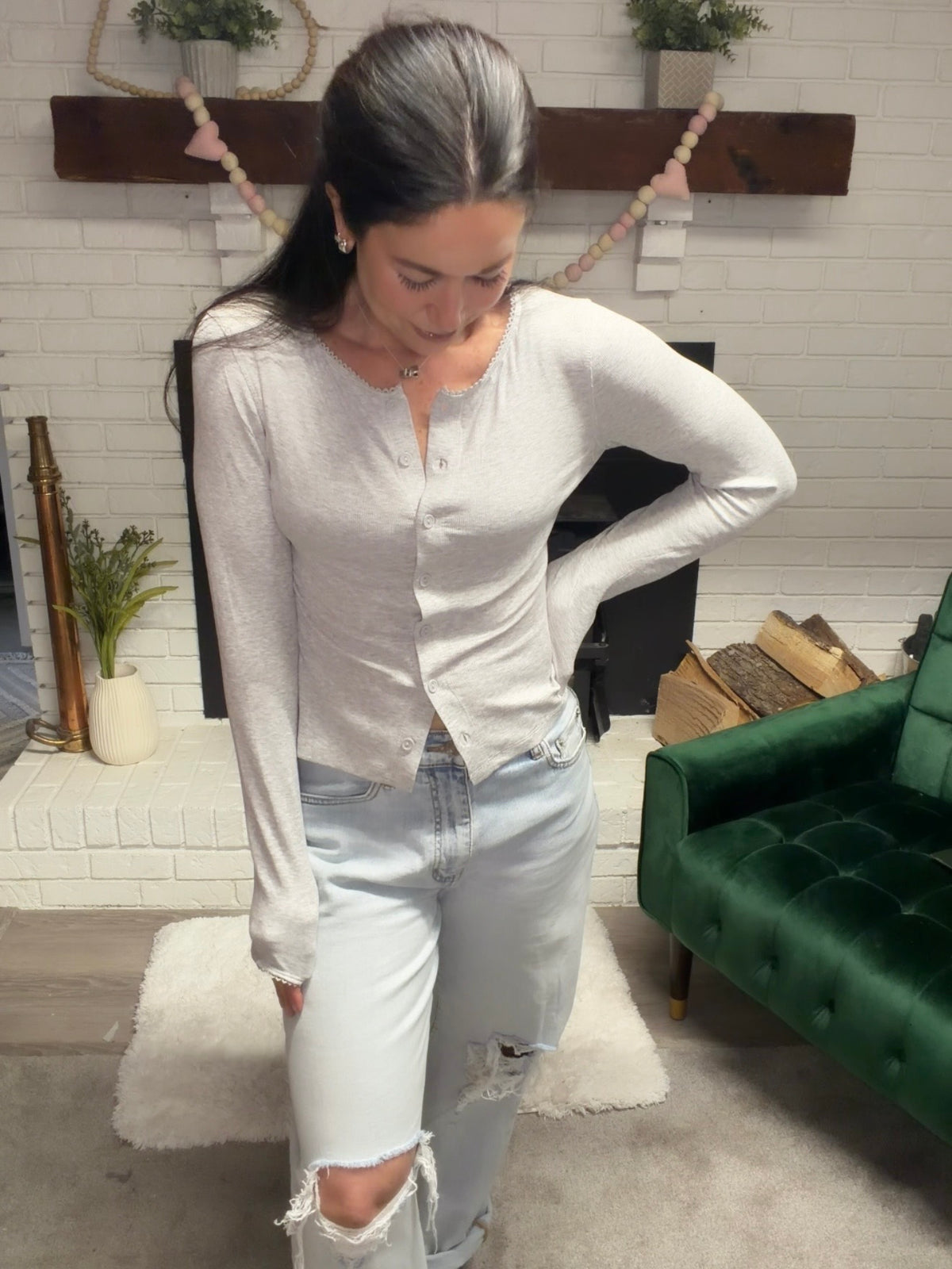 Grey Pico Trim Button Front Top