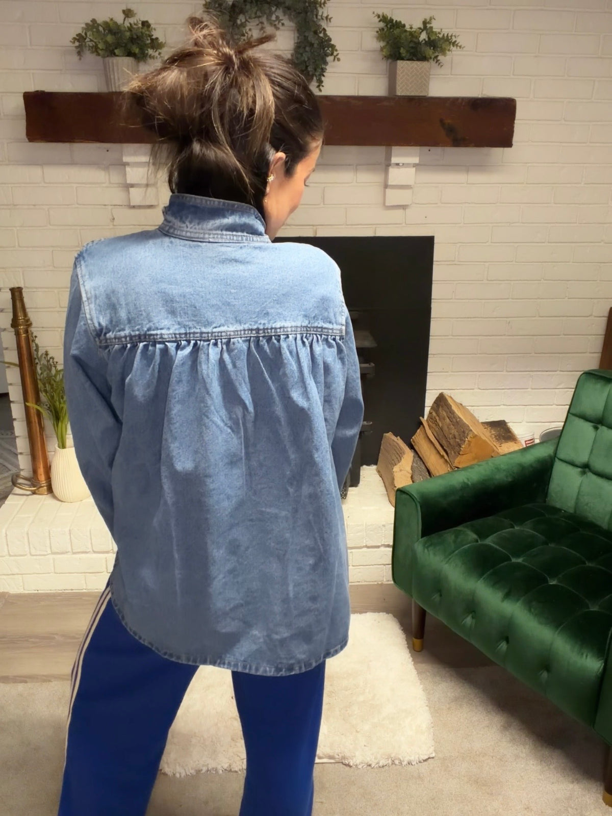 Shirring Detail Work Wear Denim Jacket
