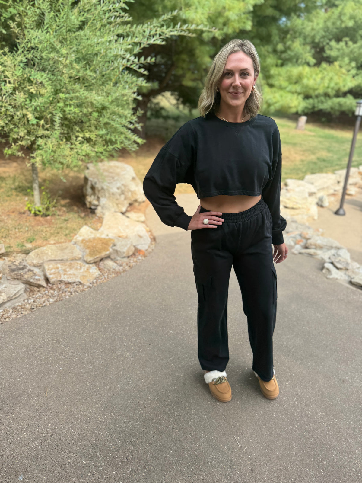French Terry Crop Sweatshirt & Wide Leg Cargo Pant Set