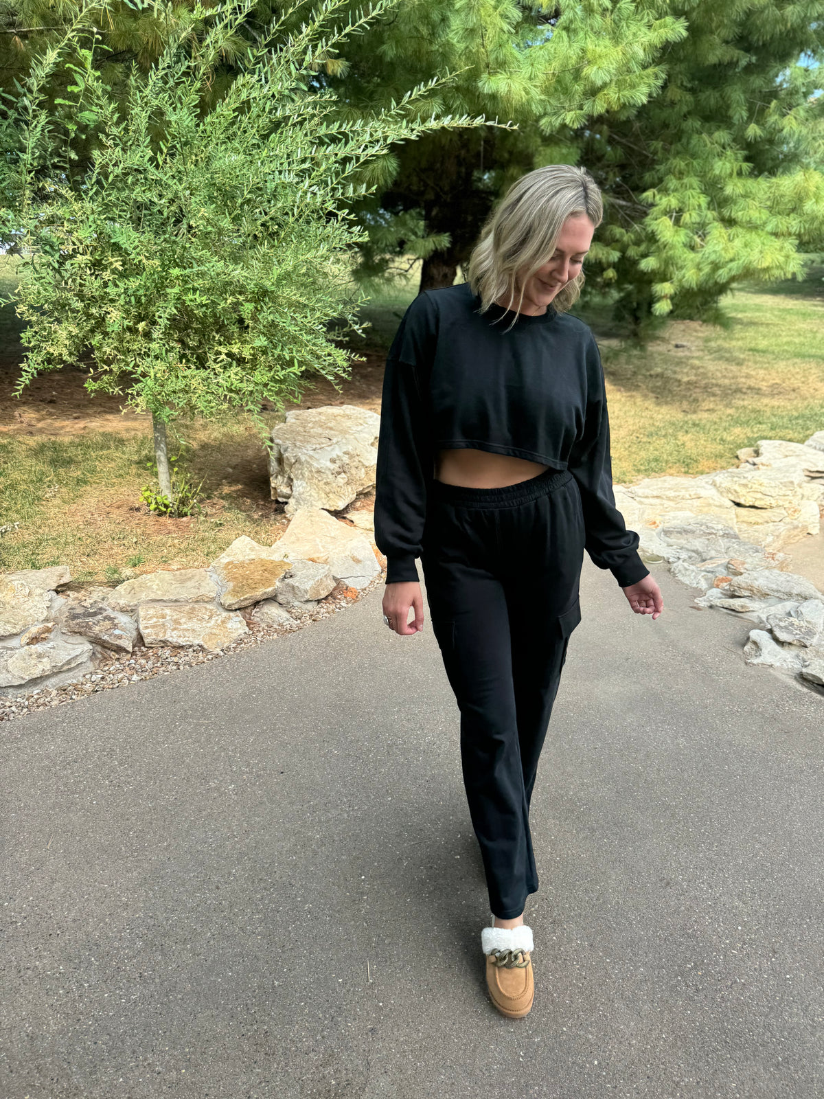 French Terry Crop Sweatshirt & Wide Leg Cargo Pant Set
