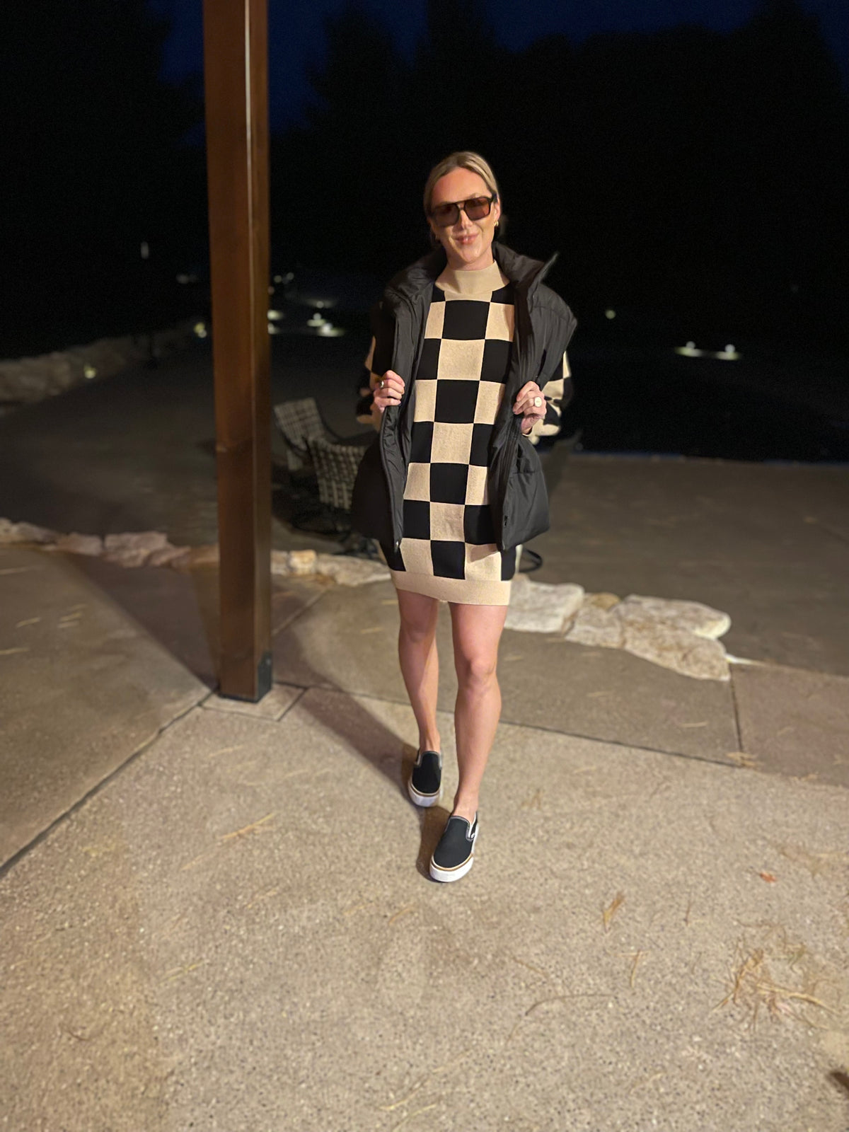 Checkered Mock Neck Sweater Dress