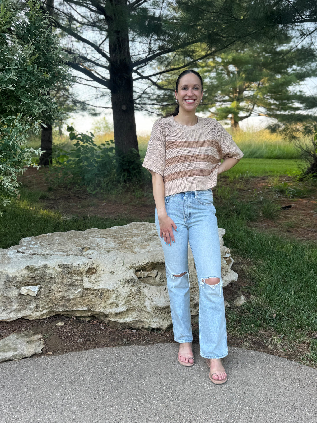 Beige & Brown Striped Short Sleeve Sweater