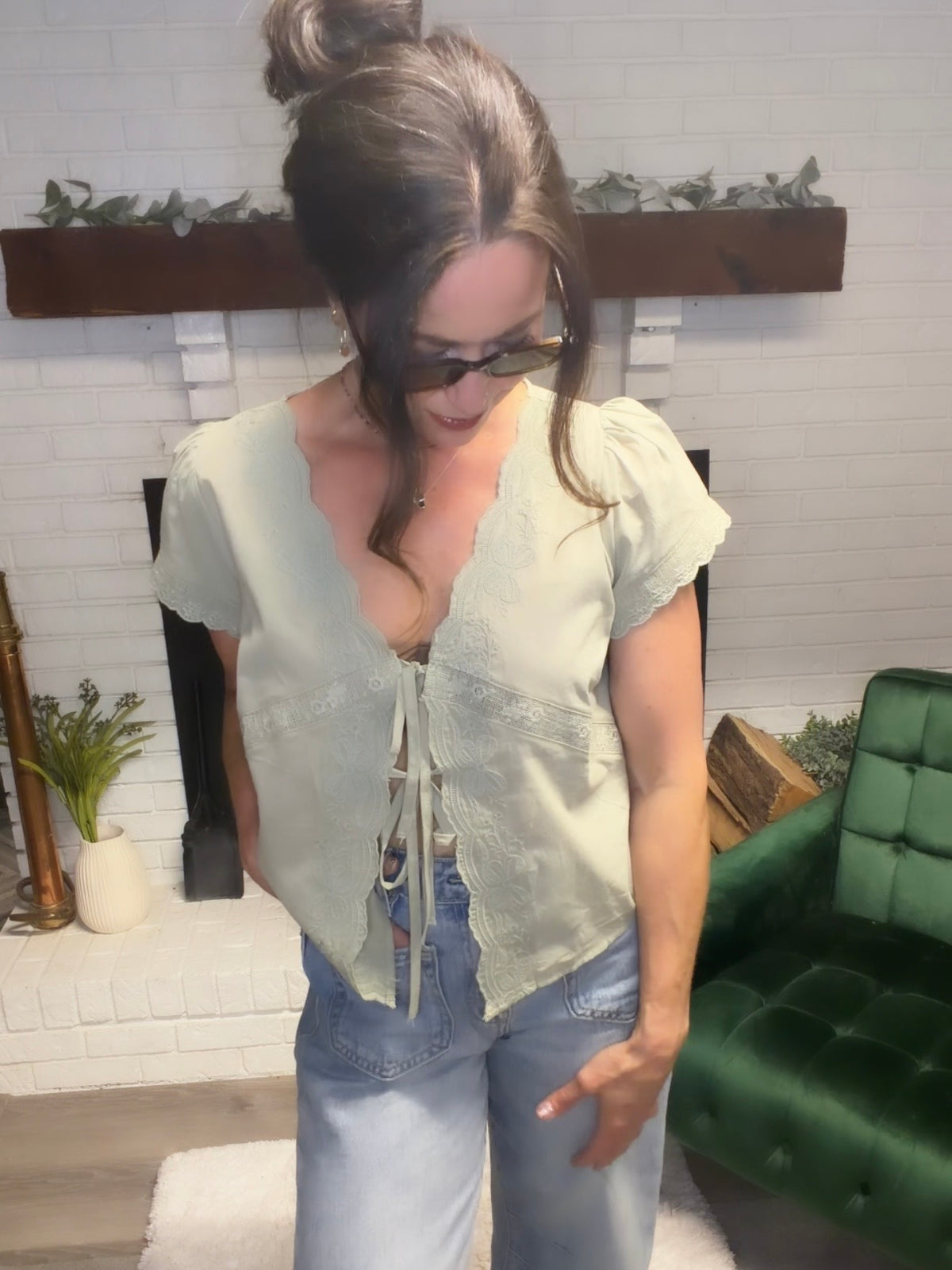 Sage Scalloped Edge Tie Front Top