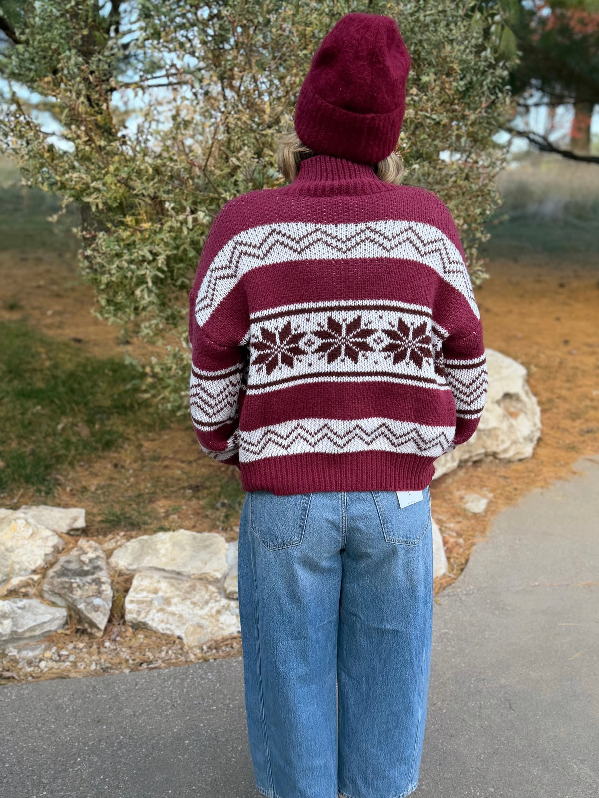 Burgundy Zip Front Fair Isle Sweater