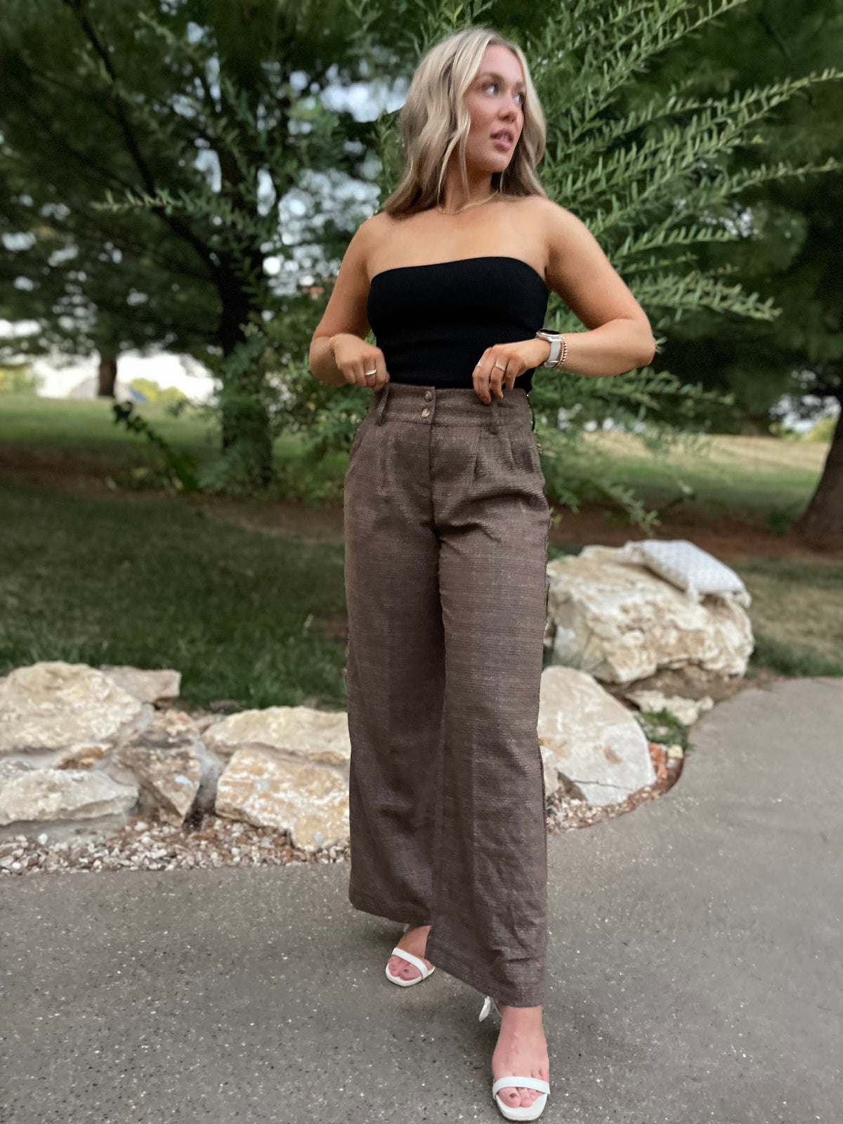 Brown Plaid High Waisted Trousers