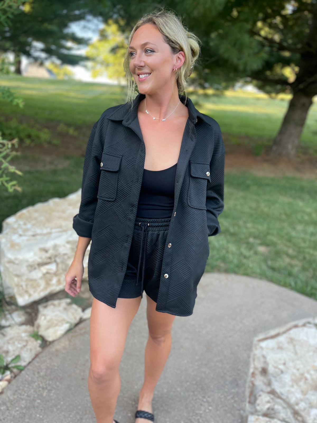 Black Jacquard Knit Drawstring Short