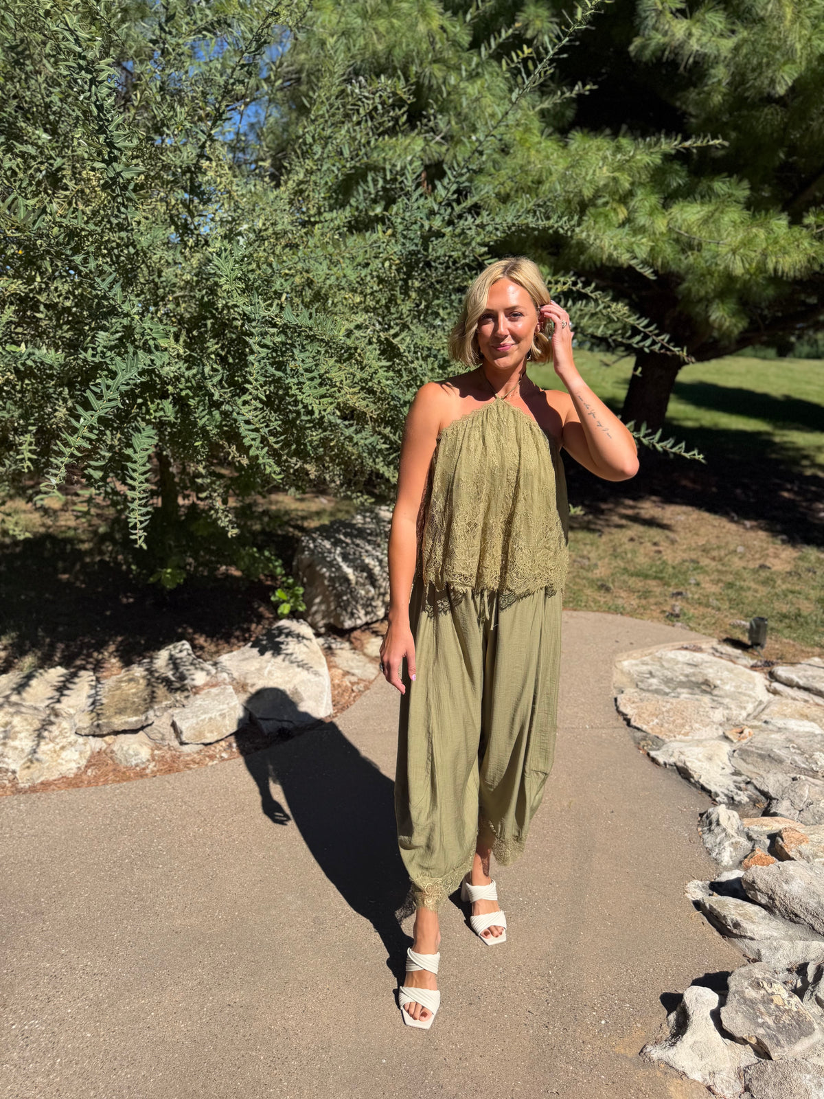 Olive Barrel Leg Lace Hem Pant