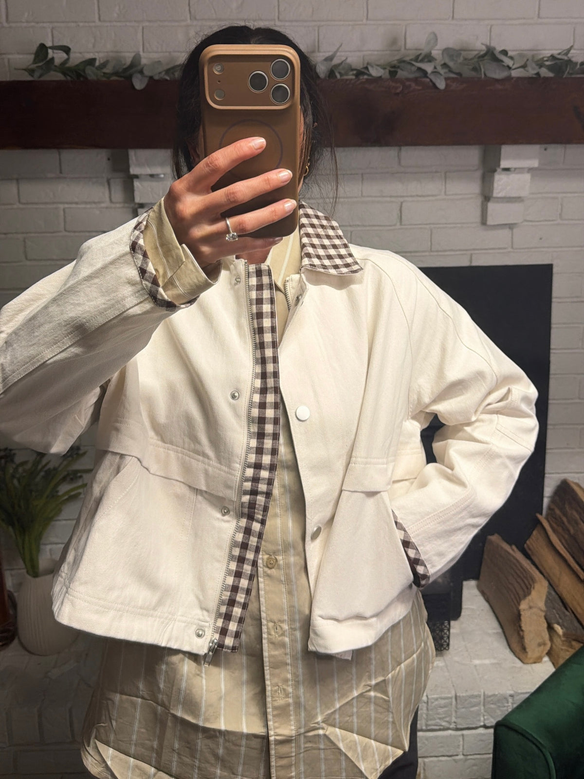 Cream & Mocha Gingham Contrast Denim Jacket