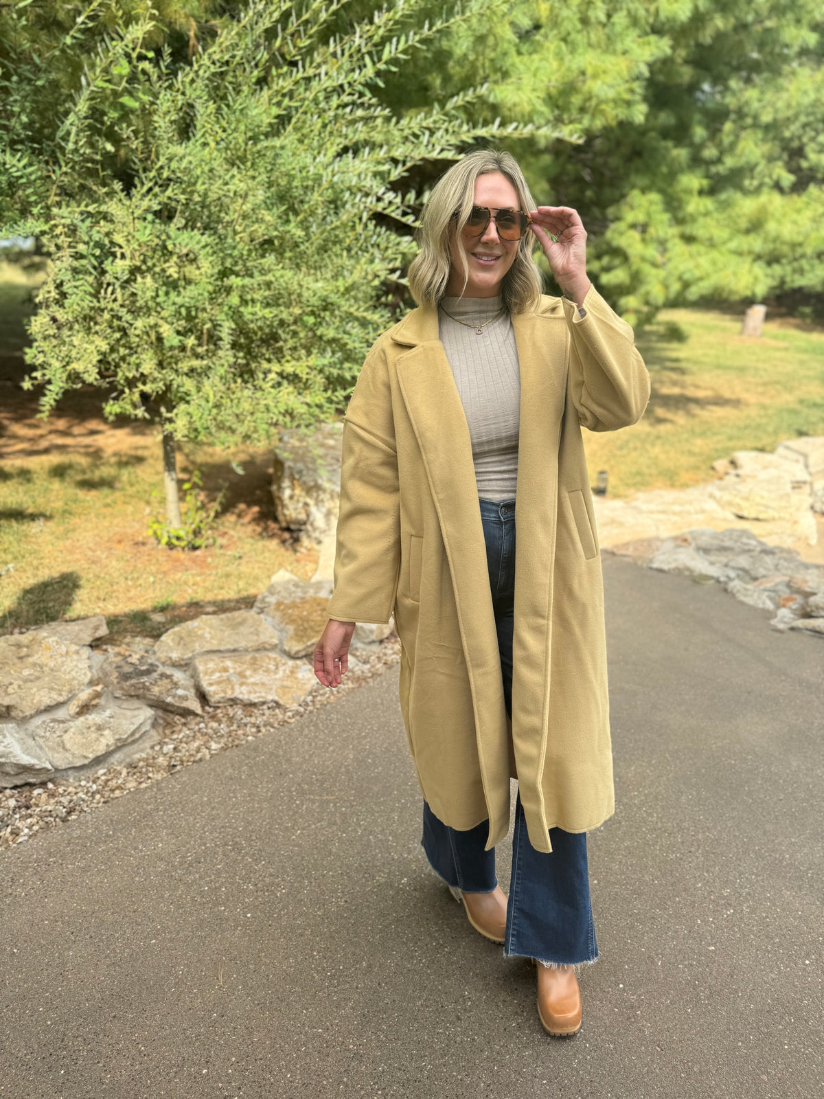 Honey Gold Long Open Front Coat