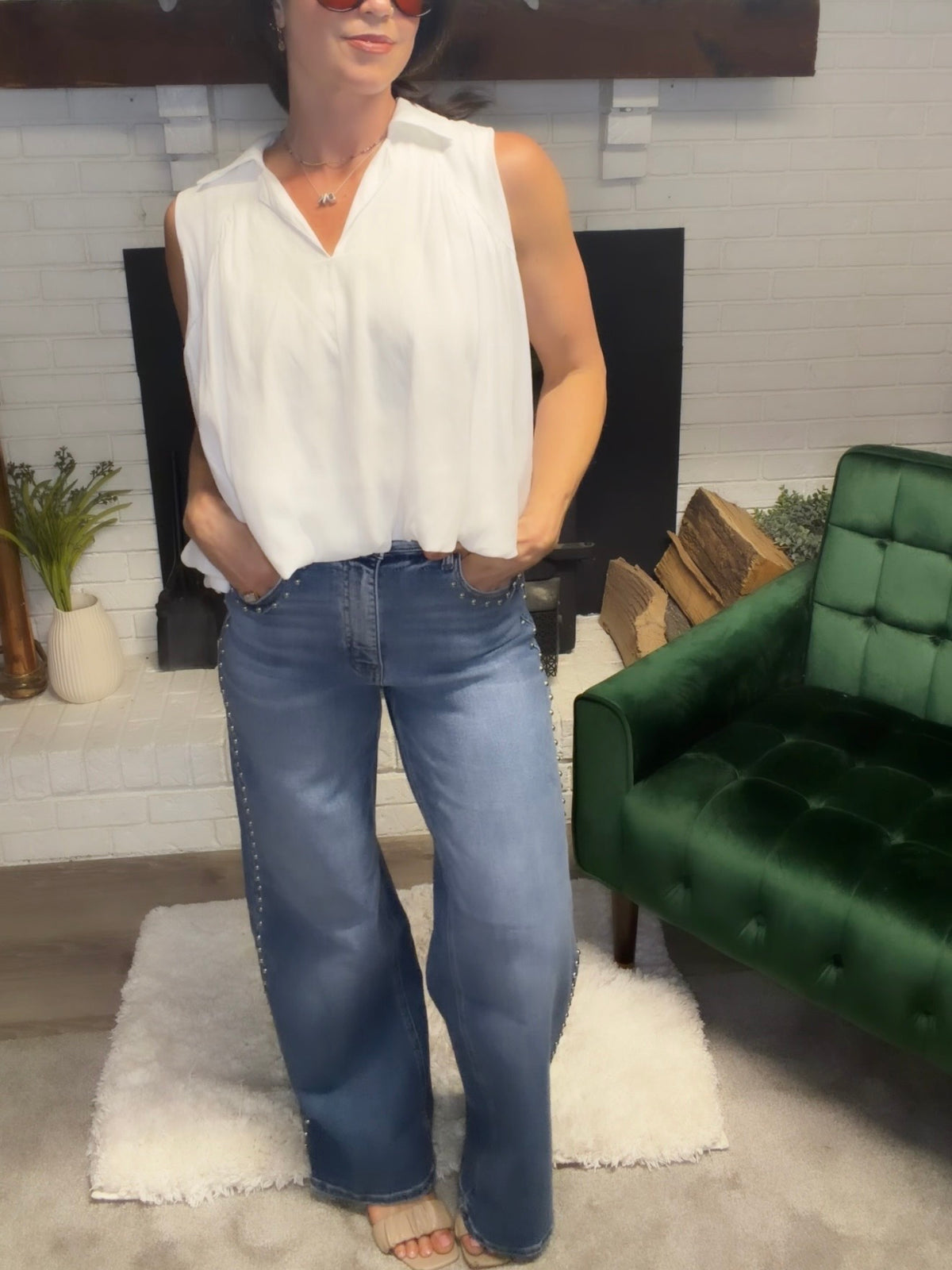 High Rise Studded Wide Leg Jeans