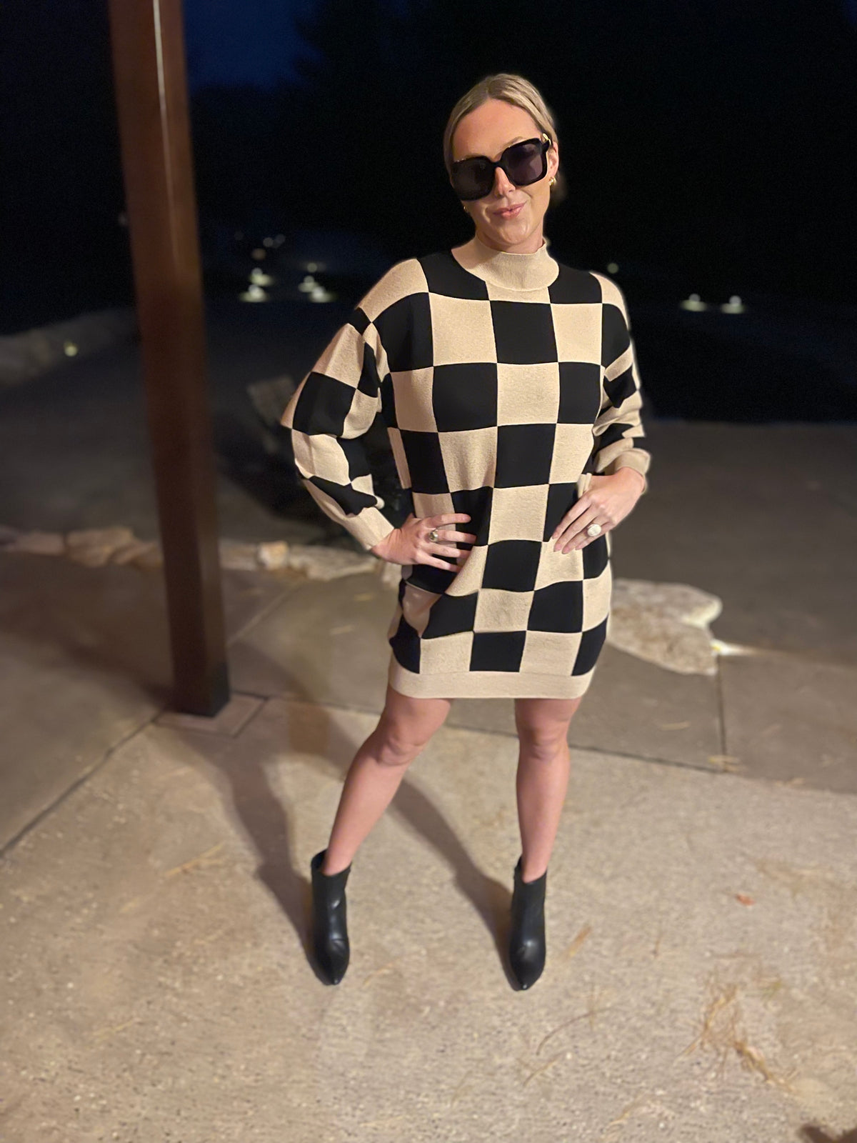 Checkered Mock Neck Sweater Dress