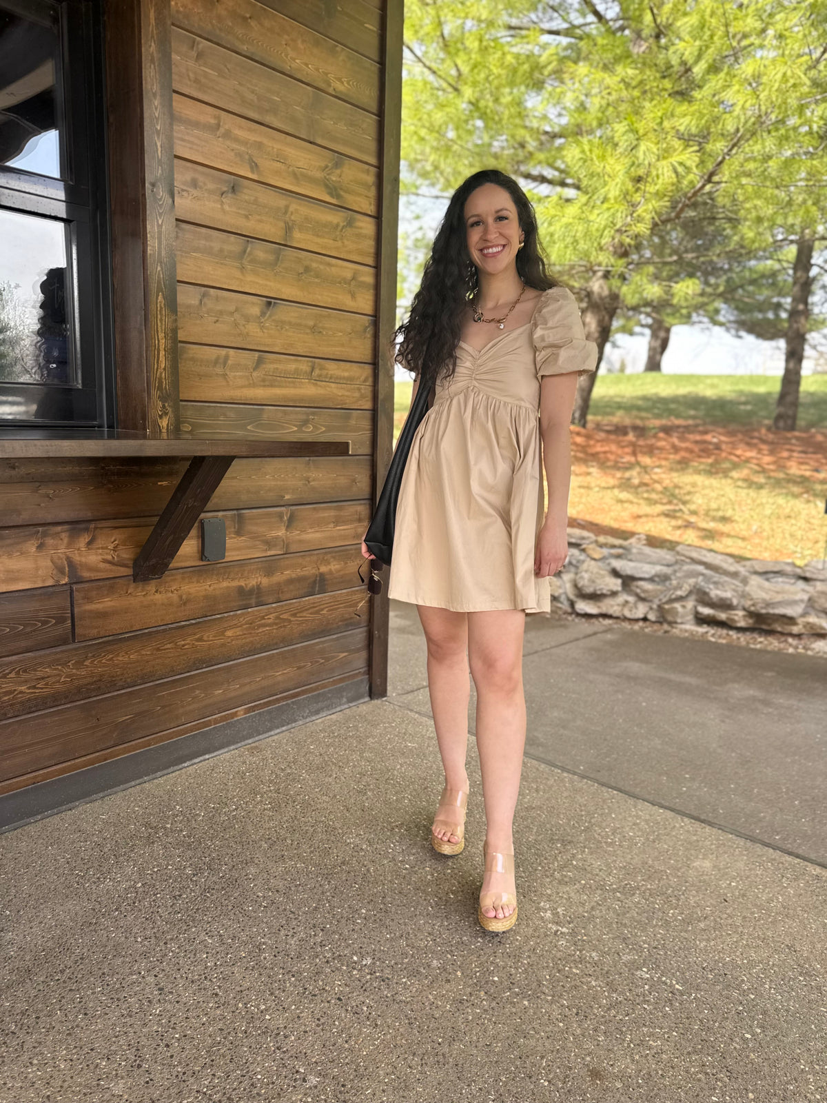 tan mini dress Tan Balloon Sleeve Mini Dress Large