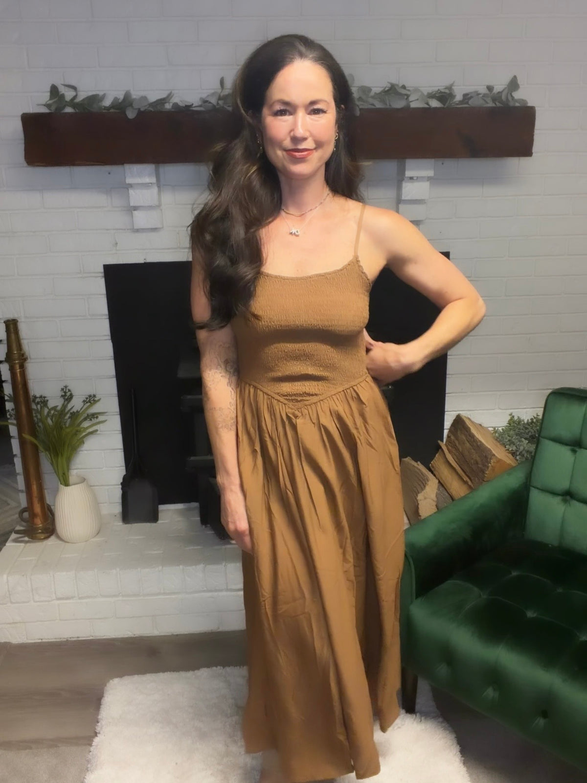 Brown Smocked Basque Waist Midi Dress