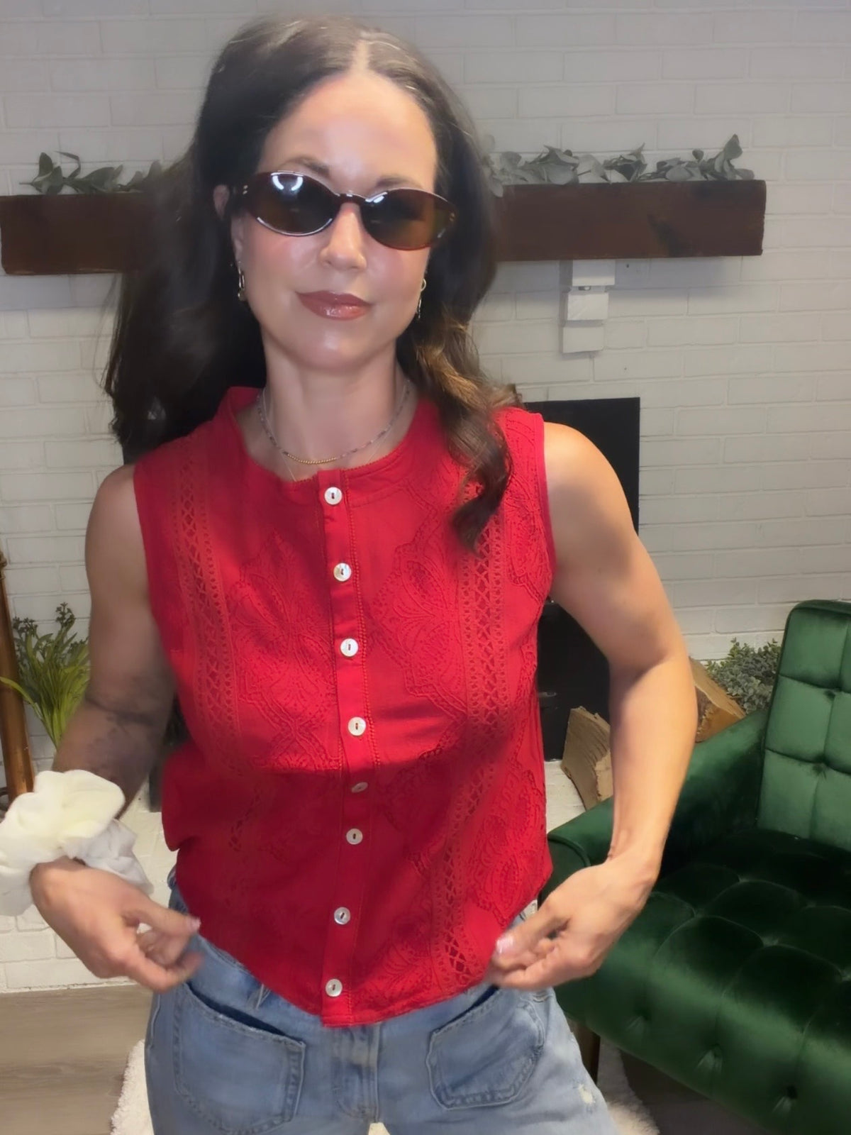 Red Lace Button Front Sleeveless Top