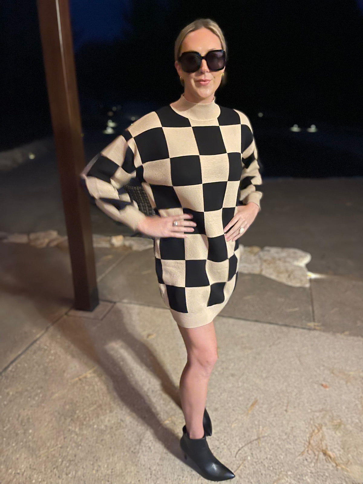 Checkered Mock Neck Sweater Dress