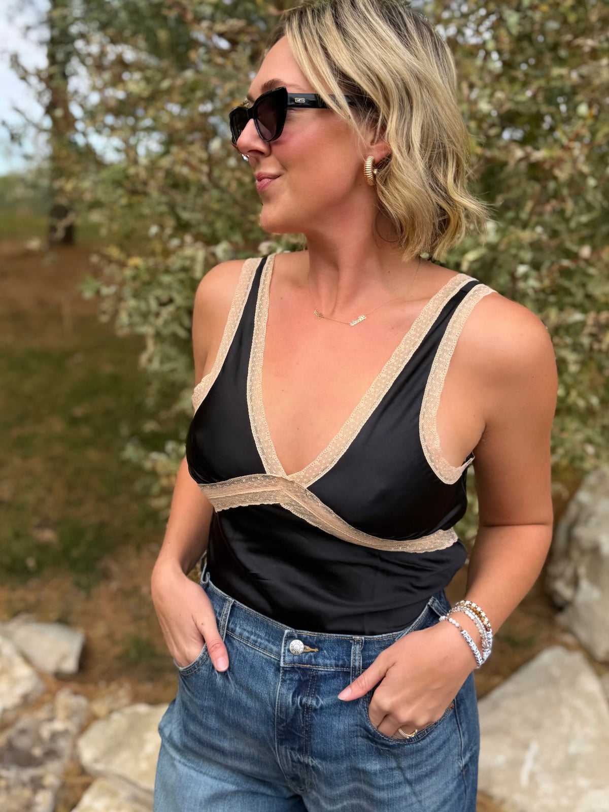 Black Lace Trim Tank Top